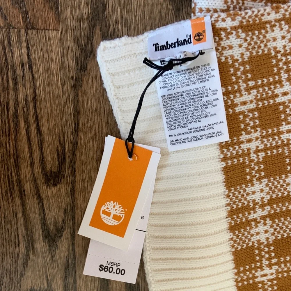 Timberland Tan and White Plaid Knit Scarf
